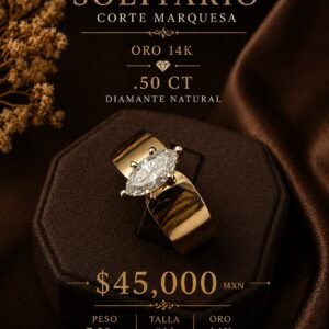 ANILLO SOLITARIO CORTE MARQUESA ORO 14K .50 CT DIAMANTE NATURAL