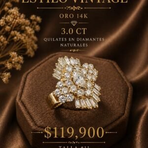 ANILLO ESTILO VINTAGE ORO 14 K 3.0 CT QUILATES EN DIAMANTES NATURALES
